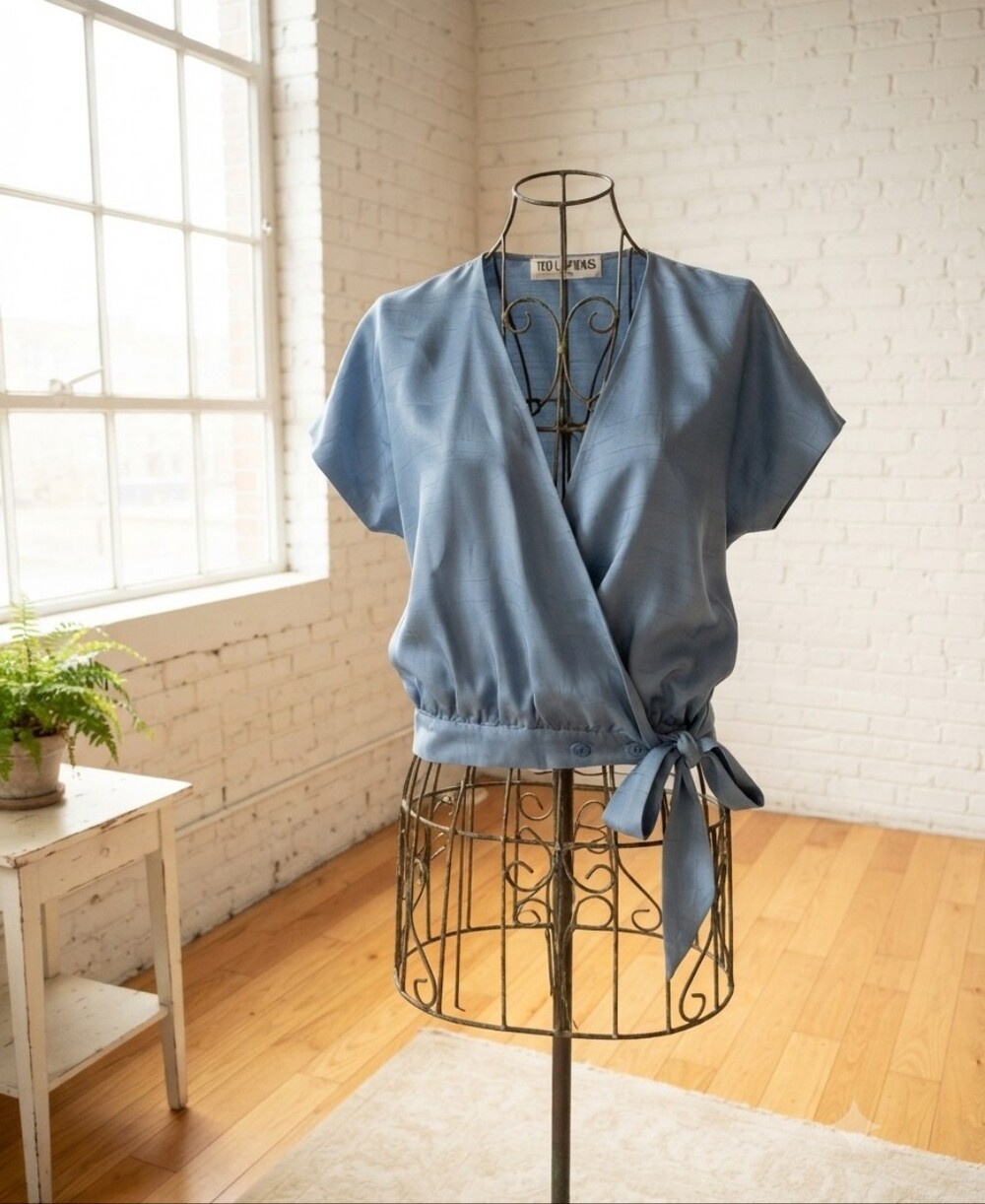 TED LAPTIDUS Tie-Waist Short Sleeve Wrap Blouse in BLUE 100% Silk Women Size 42